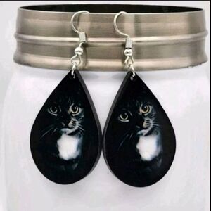 Elegant Black Cat Teardrop Earrings Handmade